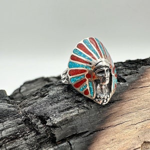 Sterling Silver Coral and Turquoise Inlay Indian Ring