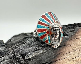 Sterling Silver Coral and Turquoise Inlay Indian Ring