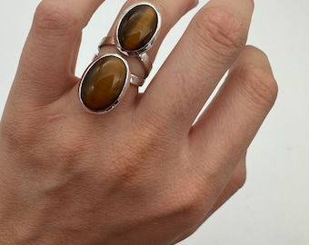 Sterling Silver Double Tigers Eye Stone Ring, Size 5.