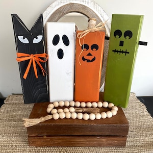 spooky friends, halloween decor, wooden cat, wooden ghost, wooden jackolantern, wooden frankenstein,