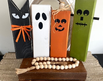 spooky friends, halloween decor, wooden cat, wooden ghost, wooden jackolantern, wooden frankenstein,