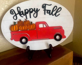happy fall sign, red truck fall sign, red truck sign,fall sign,shiplap look sign,