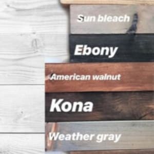 May include: A selection of wooden planks displaying various wood stain shades. The colours are Pine, Sun Bleach, Ebony, American Walnut, Kona, Weather Gray, and Walnut. The names of the colours are printed in white.