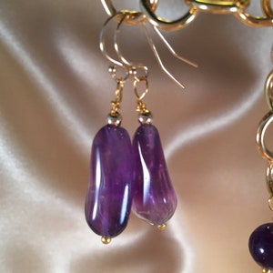 Purple Amethyst  Earrings , Dangle Drop Gemstone Beads on gold filled Ear Wire