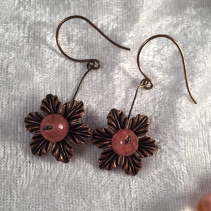 Cherry Quartz Earrings;  Dangle &  Drop pink faceted rounds, copper flowers hang from copper ear wires