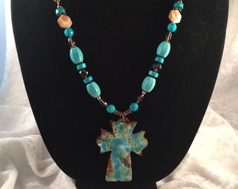 Cross Pendant Turquoise Necklace, Country Western Jewelry,  Mother of Pearl Shells, faceted Smokey Quartz,