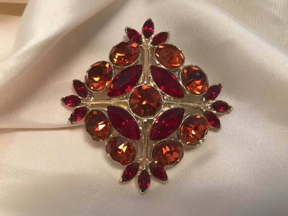 Orange Red Square Crystal Vintage Brooch - image 1