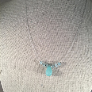 Chalcedony Necklace; Briolette Fancy Pendant, Tiny faceted Blue Topaz necklace,  Sterling silver beads, silver neck wire