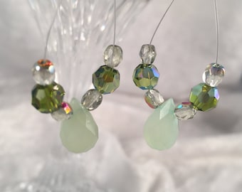 Chalcedony Earrings; Briolette Faceted Drop Earrings with Czech  and Swarovski beads on Silver Ear Wires