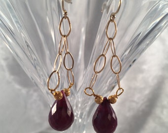 Ruby  Earrings ,Drop & Dangle, Red Briolette Gemstones, 22K beads, Gold-Filled Chain , Earring Wires