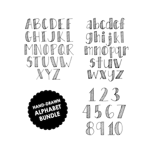 Pacote de alfabeto e números listrados finos, pacote de alfabetos desenhados à mão SVG/PNG, letras e números PNG