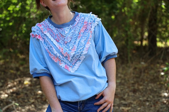 Vintage 80s Pastel Ruffle Blouse Handmade - image 1