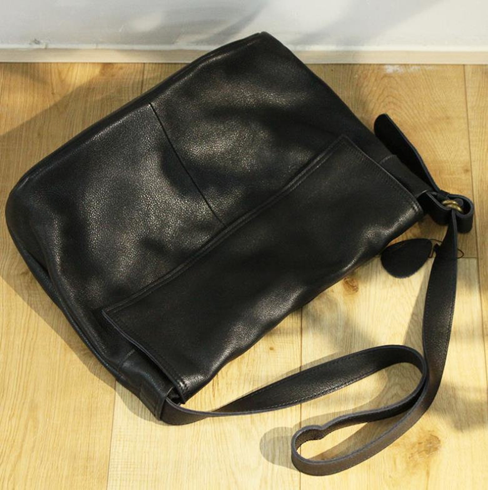 Black Leather Messenger Bag Cross Body Travel Bag Soft Etsy