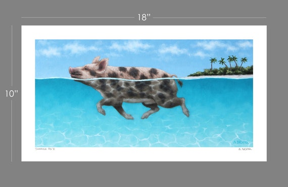 Swimming Pig Painting Swimming Pig Art Print Original Pig Artwork by Sarah Becktel Tropical Painting Pig Lover Gift Pig Art Bahamas Pig