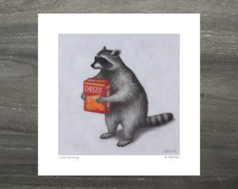 Raccoon with Cheese Crackers original artwork by Sarah Becktel. Funny raccoon art print, raccoon lover gift, cheez-it art print, cheese art