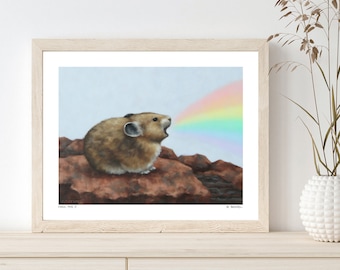 Rainbow Pika Art Print Original Artwork by Sarah Becktel. Original Pika Art, Pika Wall Art, Whimsical Animal Art.