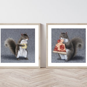 Pizza-Eichhörnchen und Cupcake-Eichhörnchen Kunstdruckset mit Originalkunstwerk von Sarah Becktel.  Eichhörnchen fressend, Eichhörnchen Zeichnung, Eichhörnchen Geschenk