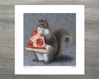 Pizza Squirrel Art Print with Original Squirrel Artwork by Sarah Becktel.  Funny Squirrel Art, Squirrel Eating Pizza, Squirrel Lover Gift