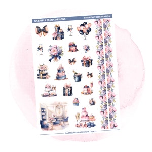 Birthday Celebration Deco // New Years Decorative Planner Sticker Sheet, Sticker Kit, Journal, Deco Planner Stickers