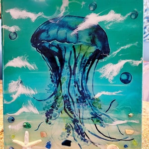 Jellyfish Wall Art With Epoxy Resin Finish,  Starfish, Glass, And Shells, Jellyfish Art, Jellyfish picture, Jellyfish resin art, Jellyfish