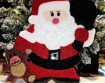 Sparkly Santa Clause Resin Coated Wall Art With Glitter, Santa Decorations, Santa picture, Resin Santa Art, Santa lover gift, Christmas Art