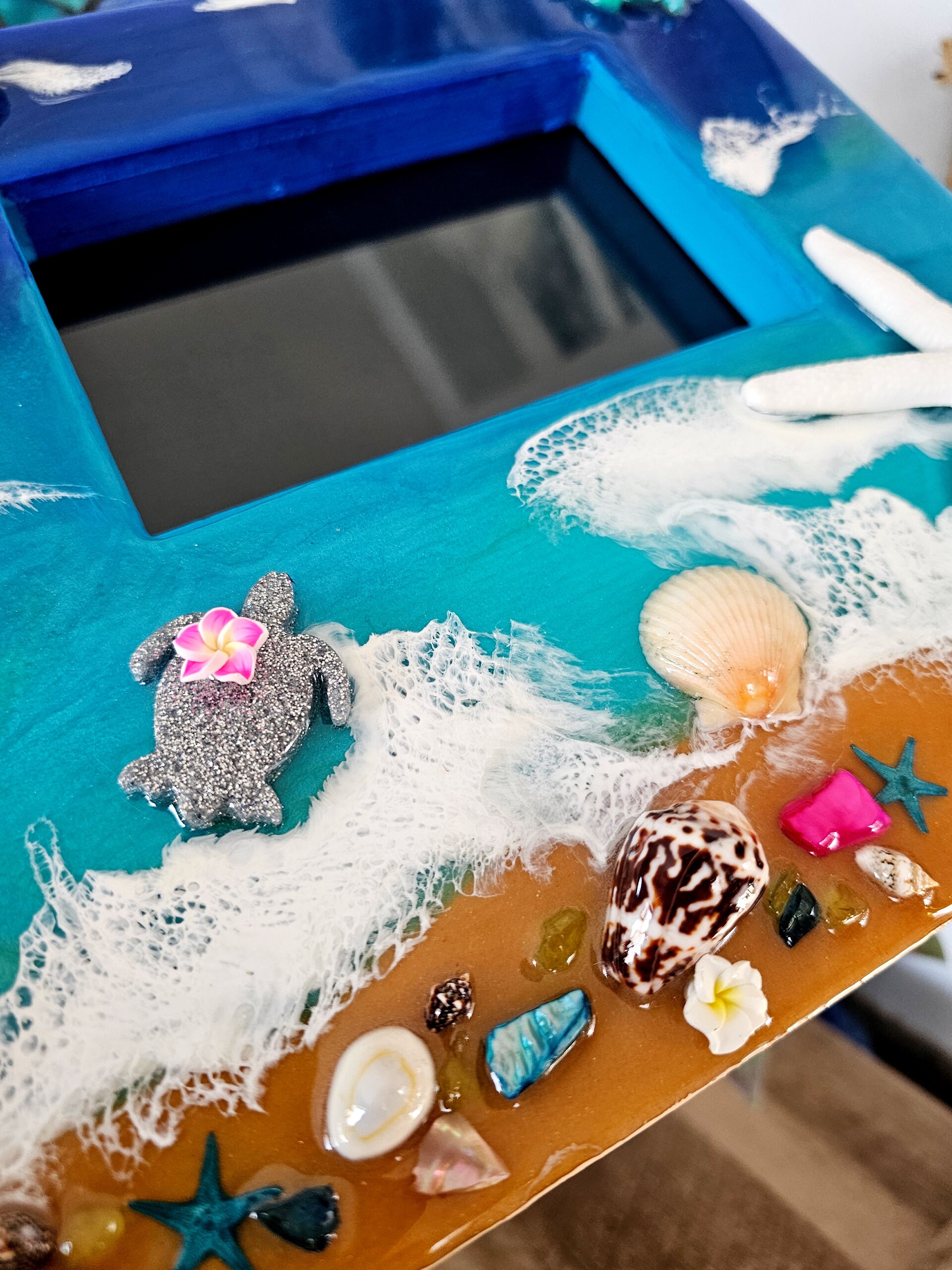 Ocean Beach Wall Art Picture Frame With Sea Turtles, Natural