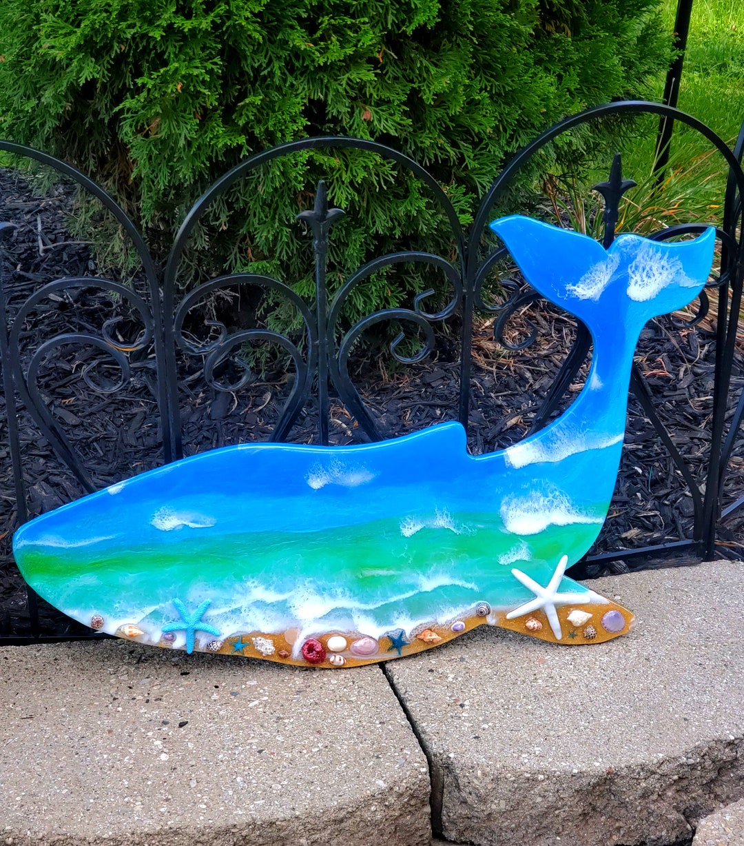 Whale Beach Art Wood Whale Hanging With Seashells, Glitter and Coral