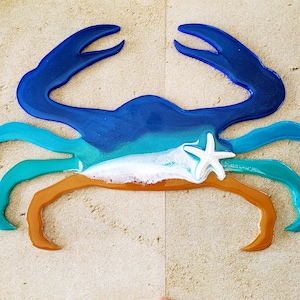 Crab wall art with real beach sand and starfish, Crab art, Crab bathroom, Crab decor, Crab gifts, Crab wall decor, Beach Crab Art, Handmade