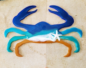 Crab wall art with real beach sand and starfish, Crab art, Crab bathroom, Crab decor, Crab gifts, Crab wall decor, Beach Crab Art, Handmade