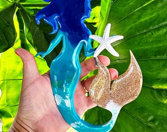 Mermaid Ocean Wall Art With Holographic Champagne Glitter Tail And Starfish, Mermaid hanging, Mermaid decor, Mermaid art, Mermaid Bathroom