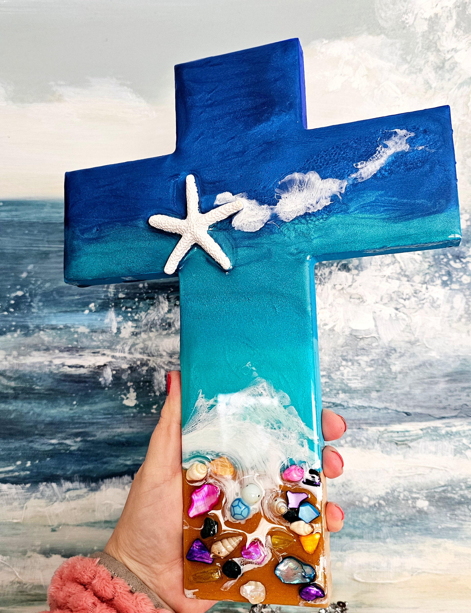 Large Blue Ocean Beach Cross With Shimmer Sand, Shells, Glass