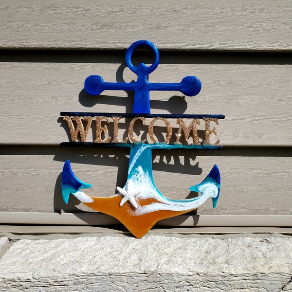 Welcome Wall Art With Anchor, Real Beach Sand And Starfish, Anchor Art, Anchor decor, Anchor gift, Anchor for wall decor, Nautical anchor