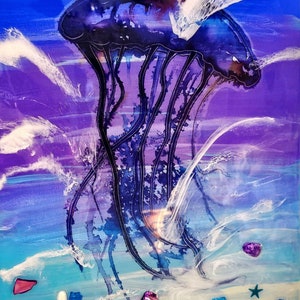 Jellyfish Wall Art With Epoxy Resin Finish And Starfish, Colored Shells, Blue starfish, And Glass, Jellyfish gifts, Jellyfish Decor, Ocean