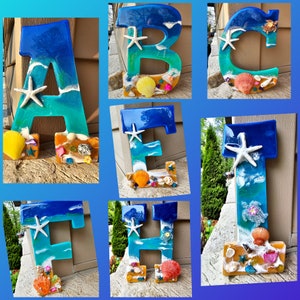 Letras del océano con adornos, arena brillante, conchas, tortugas y más, letras costeras, arte de pared costero, regalos de playa, regalos costeros
