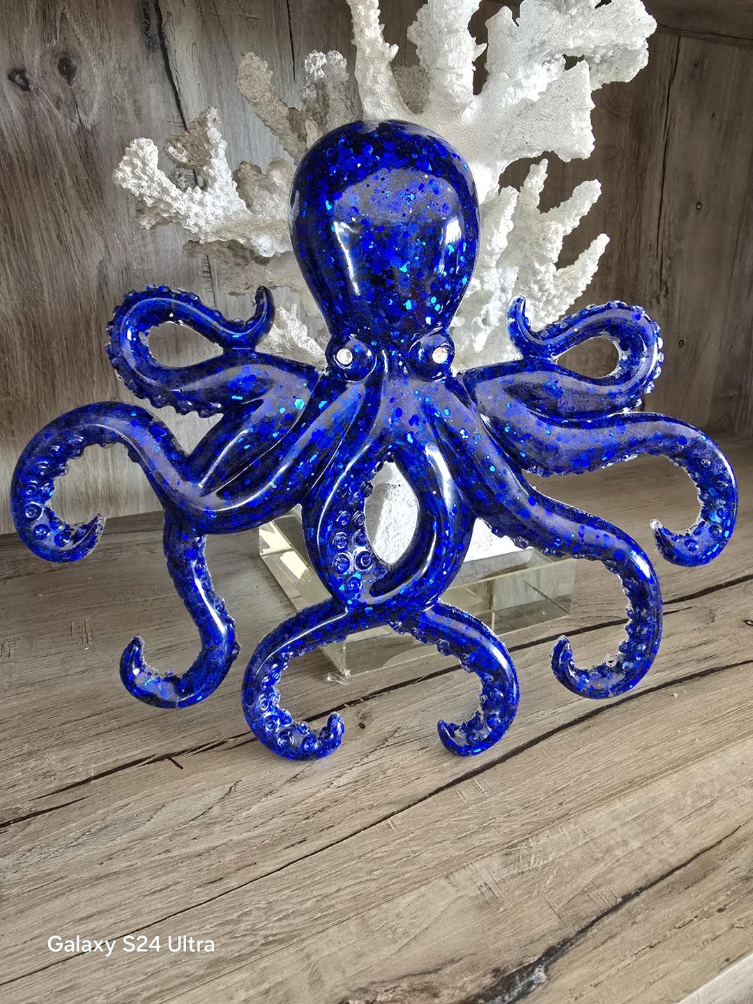 Dark Blue Octopus Wall Art With Gem Eyes, Octopus Gifts, Octopus