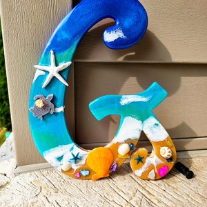 Large G Beach Art With Glittered Silver Sea Turtle, blue starfish, shells, pearls, and a real sand beach area! Ocean Wall Art, Beach Art