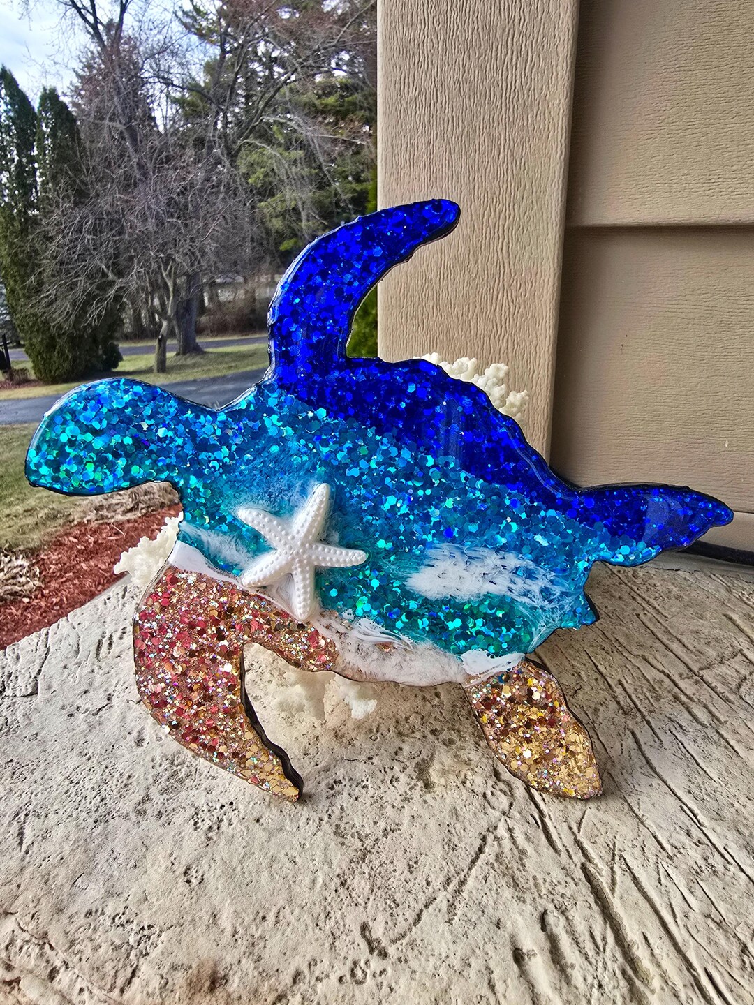 Shadding Sea Turtle Sparkly Sea Turtle Wall Art Woth Ocean Colored Glitters, Starfish and ...