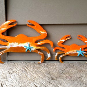 Flourescent orange crab wall art with shimmer sand and blue starfish, Crab art, Crab bathroom, Crab kitchen, Crab decor, Crab gifts, Crab