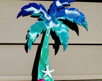 Palm tree wall art with colored shell pieces, sand and starfish, Palm Tree, Palm Tree Art, Palm tree decor, Palm tree gift,