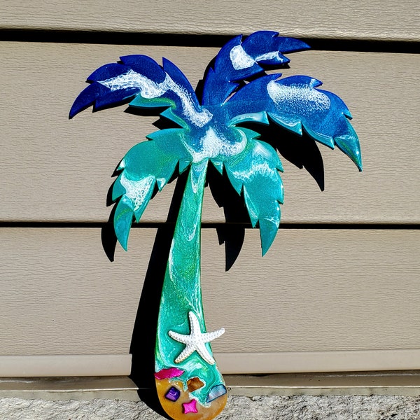 Palm tree wall art with colored shell pieces, sand and starfish, Palm Tree, Palm Tree Art, Palm tree decor, Palm tree gift,