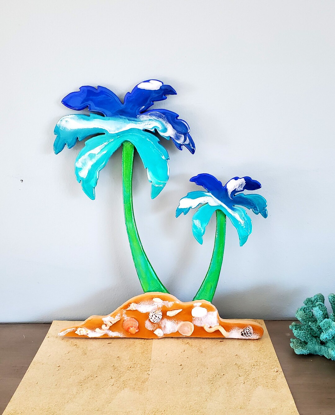 Palm Tree Wall Decor With Beach Sand and Seashells, Resin Wall Art