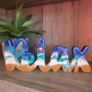 Ocean Relax Sign Shelf Sitter with beach waves, shimmer sand and starfish, Relax Bathroom sign, Beach home decor, Relax decor, Relax gift,