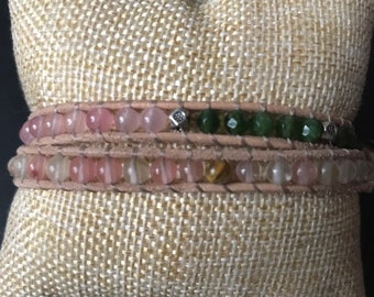 Semi-precious stones and leather wrap bracelet - Malaysia jade, rose quartz.