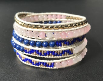 Cuff Bracelet leather and semi-precious stones - lapis lazuli, quartz, hematite, miyuki