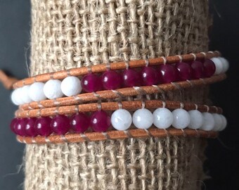 Gemstones - pink Malaysia jade, alabaster and leather wrap bracelet