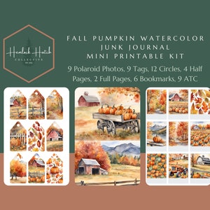 Fall Watercolor Pumpkin Junk Journal Mini Kit - Printable Fall Tags, Papers, Circles, Bookmarks