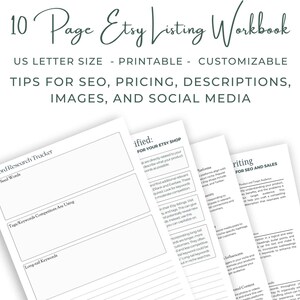 Op de afbeelding: Een stapel witte, bedrukbare werkboeken met de titel "10 Page Etsy Listing Workbook" in groen script. Het werkboek behandelt SEO, prijzen, beschrijvingen, afbeeldingen en sociale media. US Letter formaat.