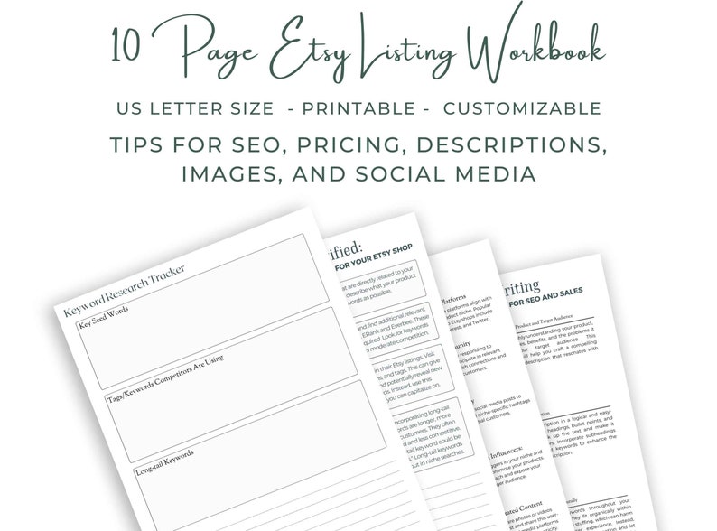 Op de afbeelding: Een stapel witte, bedrukbare werkboeken met de titel "10 Page Etsy Listing Workbook" in groen script. Het werkboek behandelt SEO, prijzen, beschrijvingen, afbeeldingen en sociale media. US Letter formaat.