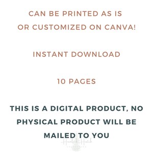 Op de afbeelding: Advertentie voor een digitaal product op een witte achtergrond. Tekst in bruin en blauwgroen luidt: "KAN WORDEN AFGEDRUKT ZOALS HET IS OF AANGEPAST OP CANVA!", "DIRECTE DOWNLOAD", "10 PAGINA'S" en "DIT IS EEN DIGITAAL PRODUCT, ER WORDEN GEEN FYSIEKE PRODUCTEN NAAR U VERZONDEN". Het logo van Hemlock Hatch Collective staat onderaan.