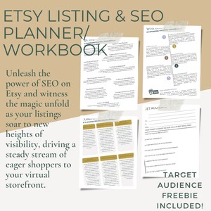Op de afbeelding: Een Etsy Listing & SEO Planner/Workbook met de tekst "Ontketen de kracht van SEO op Etsy en zie de magie ontvouwen terwijl je aanbiedingen stijgen naar nieuwe hoogten van zichtbaarheid". Inclusief een gratis weggever.